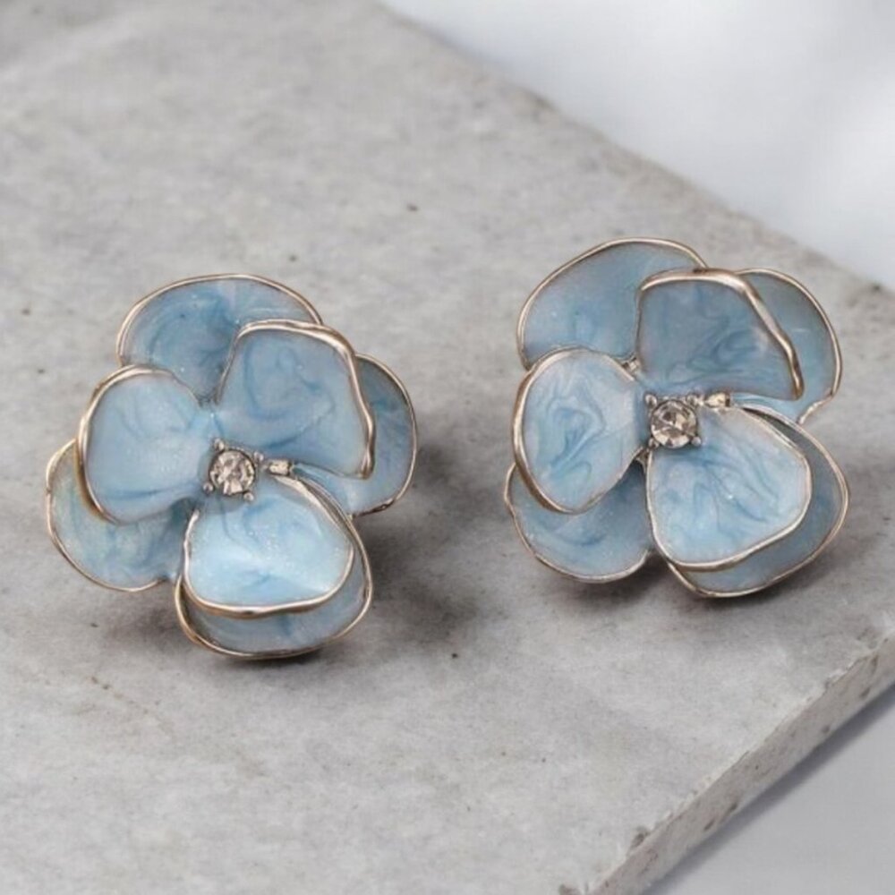 Artistic Stud Earrings - Blue Flowers - Picture 2 of 3